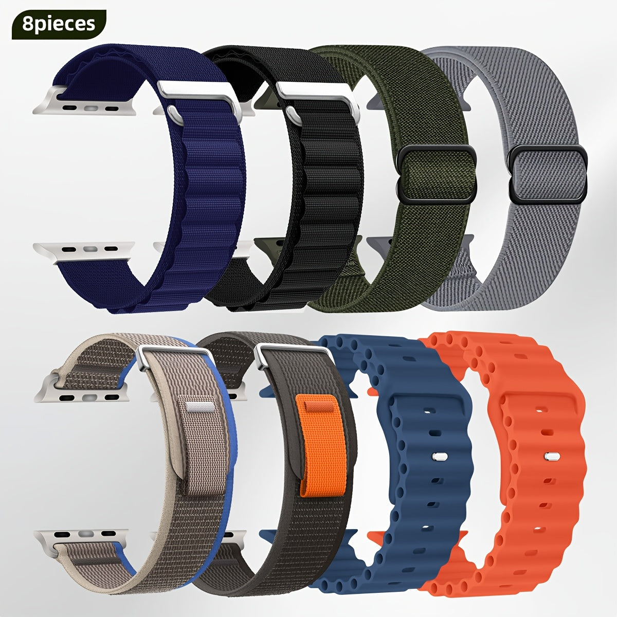 8-Pack Breathable Trail Loop+Alpine Loop+Ocean Strap+Elastic Strap for Apple Watch Ultra 49mm/46mm/45mm/44mm, Suitable for Men & Women, Ultra 2/Ultra for iwatch Series 10 9 8 7 6 SE 5 4 3 2 1, Smartwatch Bands DMBAS
