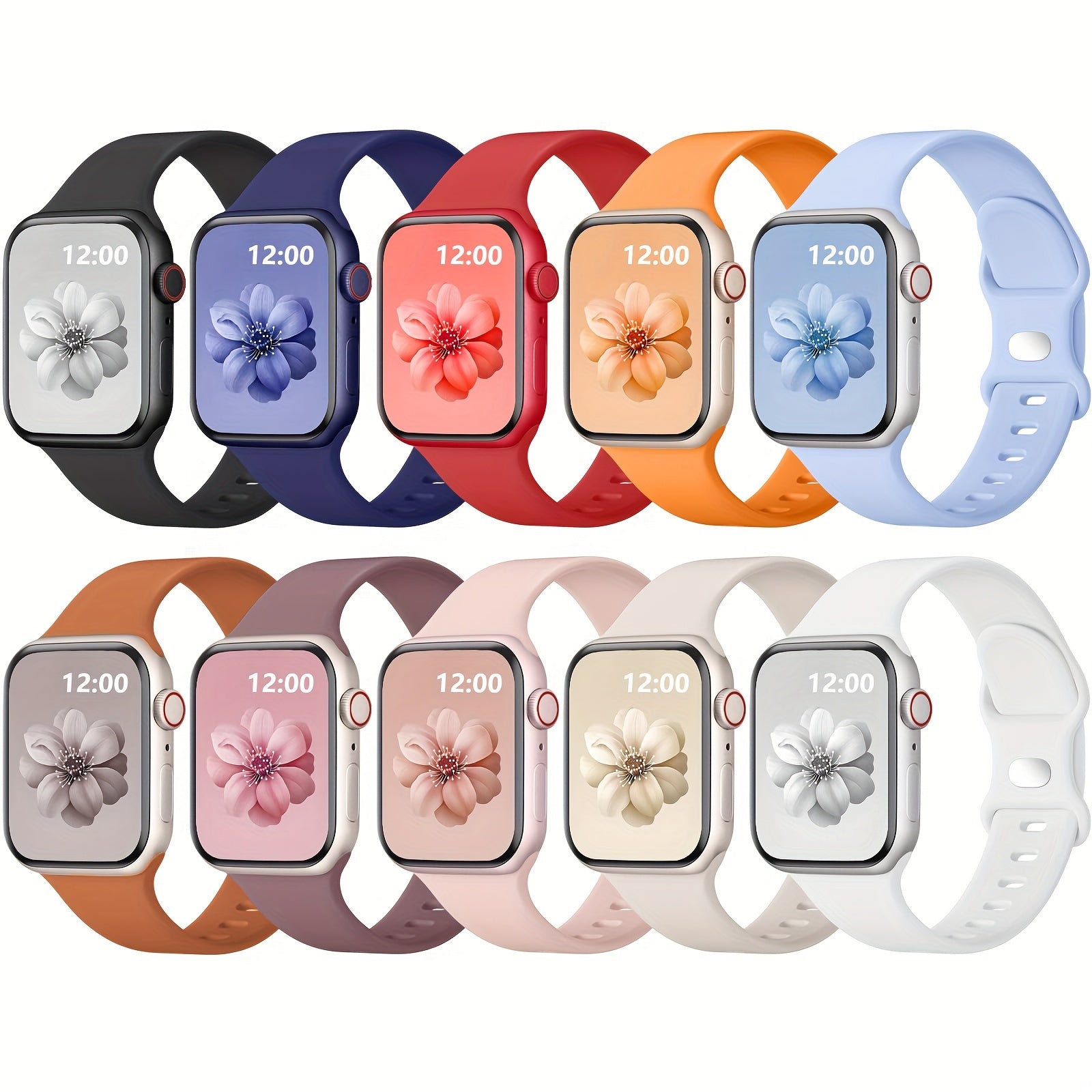 10-Pack Silicone Sport Bands, Compatible with iWatch Series 1-9 and SE - Waterproof, Soft Wristband with Butterfly Clasp - Multiple Colors DMBAS