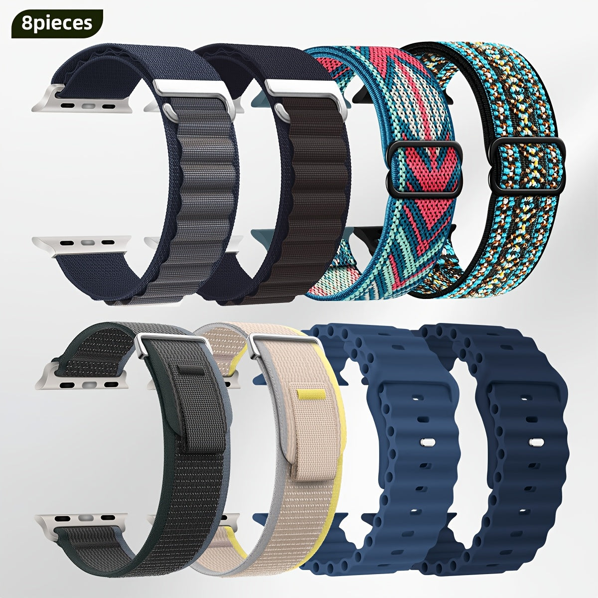 8-Pack Breathable Trail Loop+Alpine Loop+Ocean Strap+Elastic Strap for Apple Watch Ultra 49mm/46mm/45mm/44mm, Suitable for Men & Women, Ultra 2/Ultra for iwatch Series 10 9 8 7 6 SE 5 4 3 2 1, Smartwatch Bands DMBAS