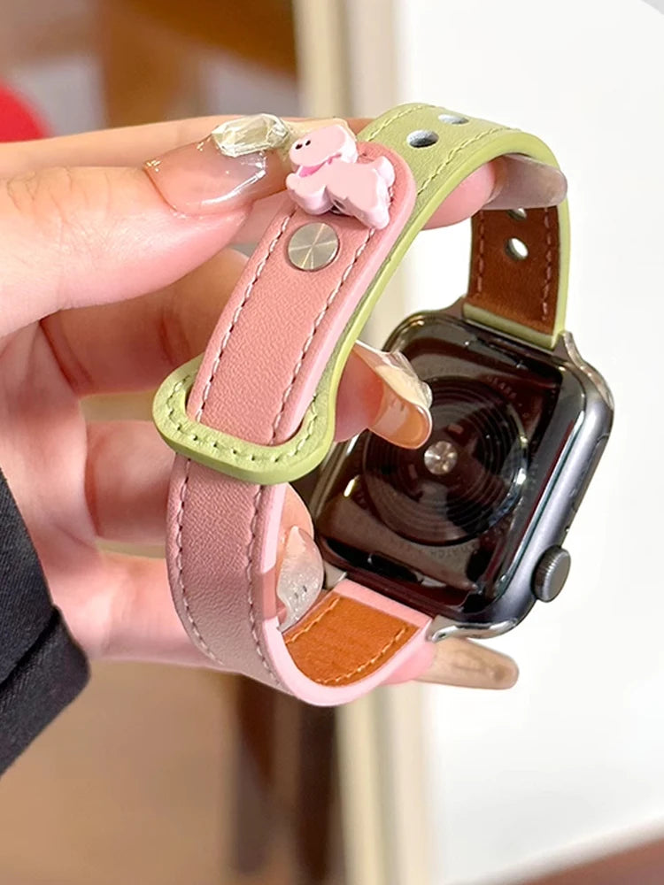 Cute Dog Leather Band For iWatch Ultra 10 9 8 7 6 5 4 Slim Woman Bracelet Strap For Apple Watch 38mm 40mm 41mm 42mm 45 46mm 49mm