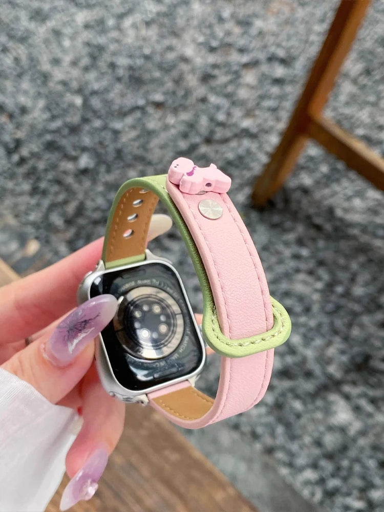 Cute Dog Leather Band For iWatch Ultra 10 9 8 7 6 5 4 Slim Woman Bracelet Strap For Apple Watch 38mm 40mm 41mm 42mm 45 46mm 49mm