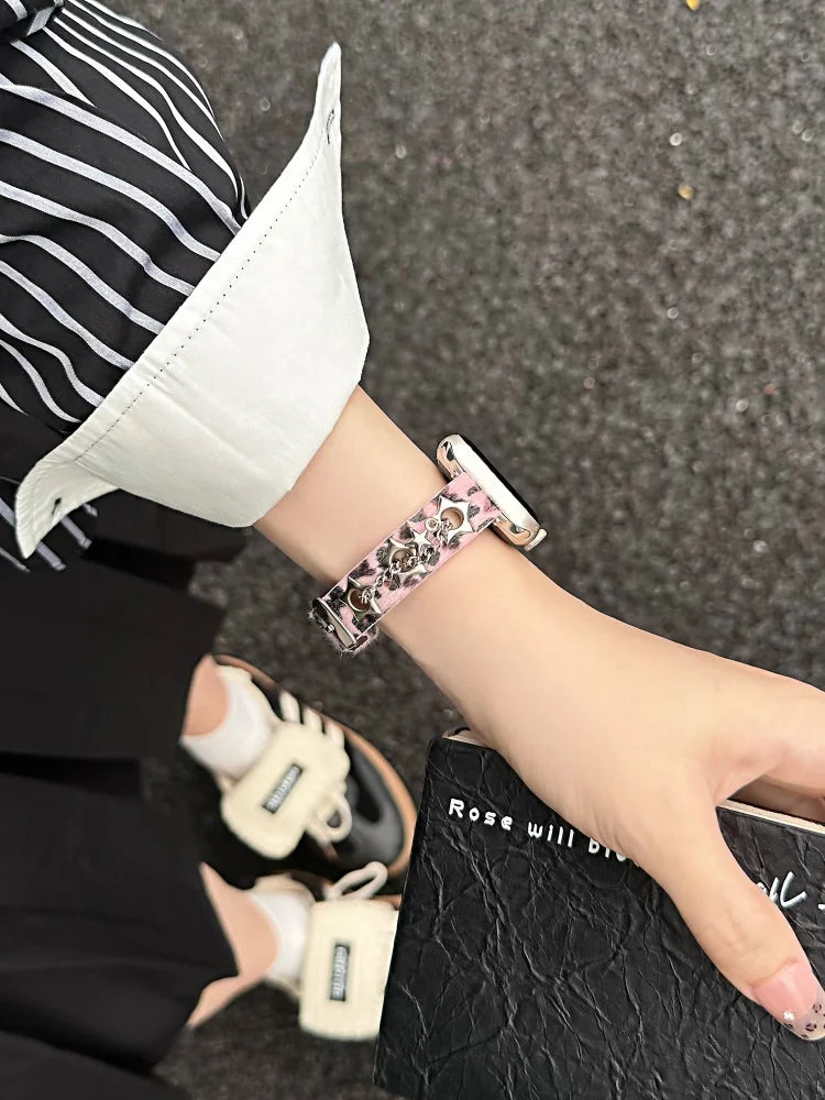 Y2K Leather Band For iWatch Ultra 11 10 9 8 7 6 5 Se Love Metal Bracelet Strap For Apple Watch 40mm 41 42mm 44mm 45mm 46mm 49mm