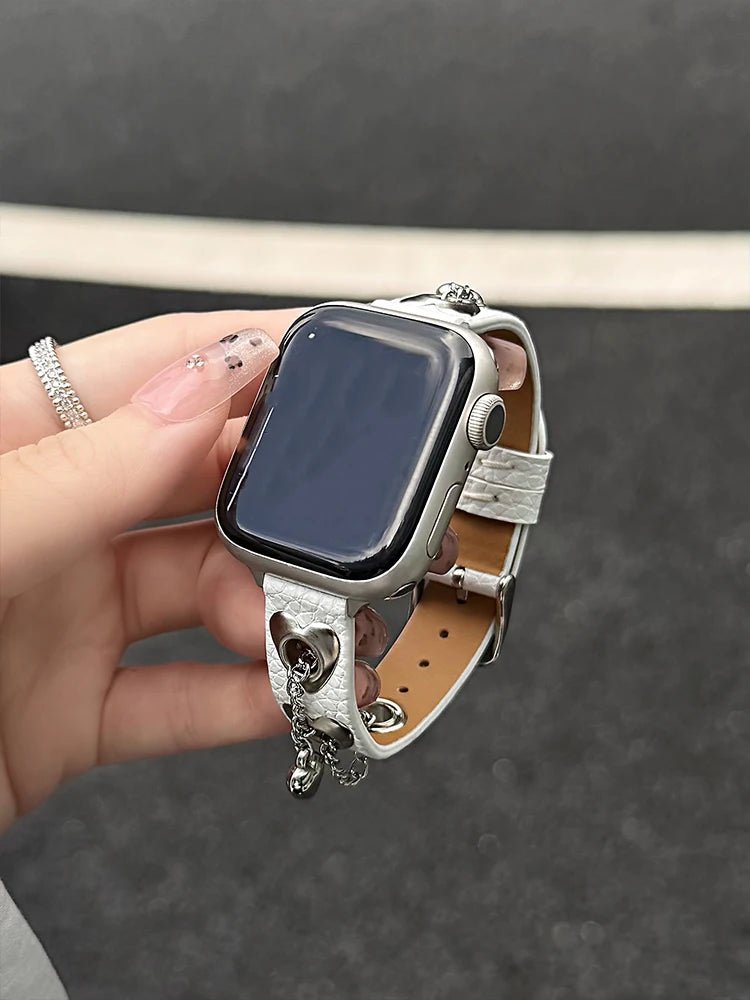 Y2K Leather Band For iWatch Ultra 11 10 9 8 7 6 5 Se Love Metal Bracelet Strap For Apple Watch 40mm 41 42mm 44mm 45mm 46mm 49mm