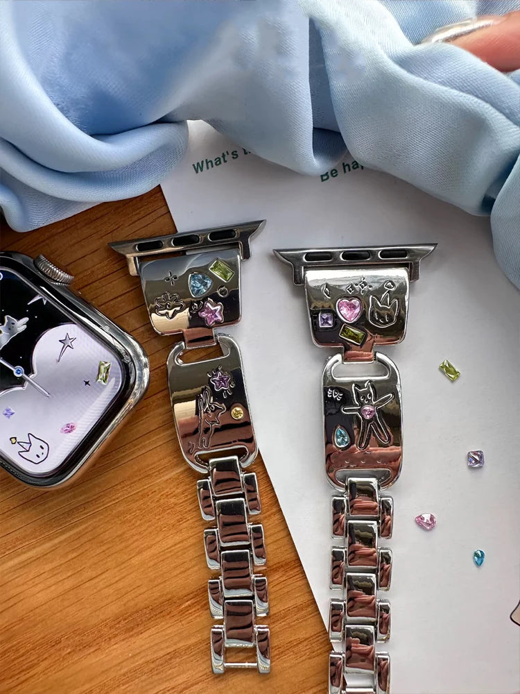 Cute Cat Glossy Metal Band For iWatch Ultra 10 9 8 7 42 45mm 46mm 49mm Diamond Bracelet Strap For Apple Watch 38mm 41mm 6 5 SE 4