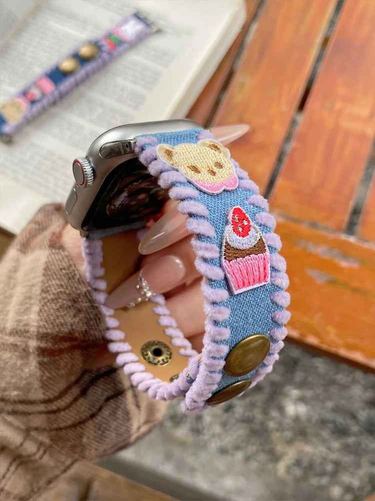 Cute Bear Leather Band For iWatch Ultra 10 9 8 7 6 5 SE 4 Denim Girl Bracelet Strap For Apple Watch 38mm 41mm 42 45mm 46mm 49mm