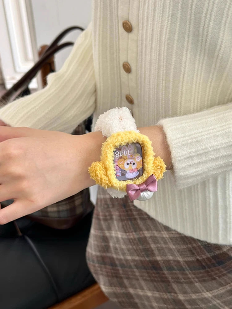 Korea Cute Plush Band+Case For Apple Watch 46mm 45mm 44 40mm 42mm 41mm Elastic Loop Bracelet Strap For iWatch 10 9 8 7 SE 6 5 4