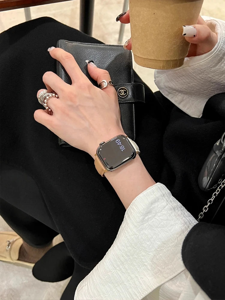 Luxury Real Leather Band For Apple Watch Ultra 10 9 8 7 6 5 4 Women Bracelet Strap For iWatch 38mm 40mm 41mm 42mm 45mm 46mm 49mm