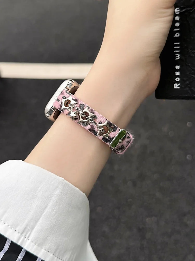 Y2K Leather Band For iWatch Ultra 11 10 9 8 7 6 5 Se Love Metal Bracelet Strap For Apple Watch 40mm 41 42mm 44mm 45mm 46mm 49mm