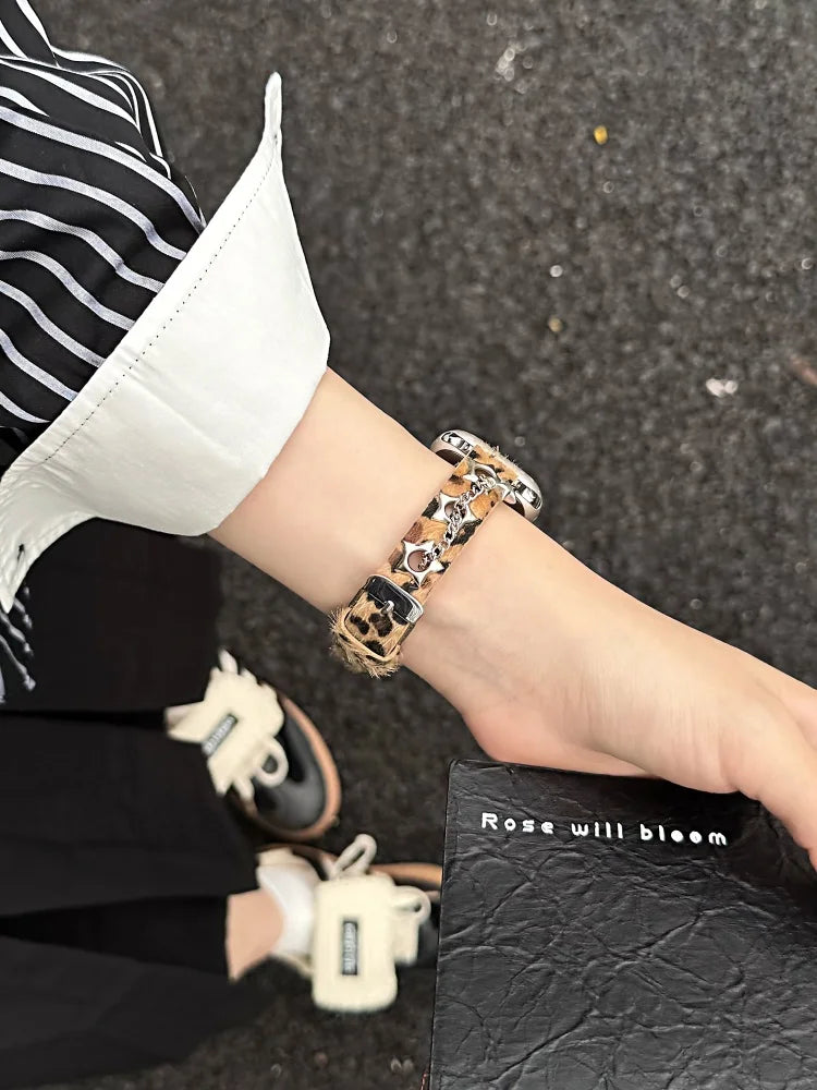 Y2K Leather Band For iWatch Ultra 11 10 9 8 7 6 5 Se Love Metal Bracelet Strap For Apple Watch 40mm 41 42mm 44mm 45mm 46mm 49mm