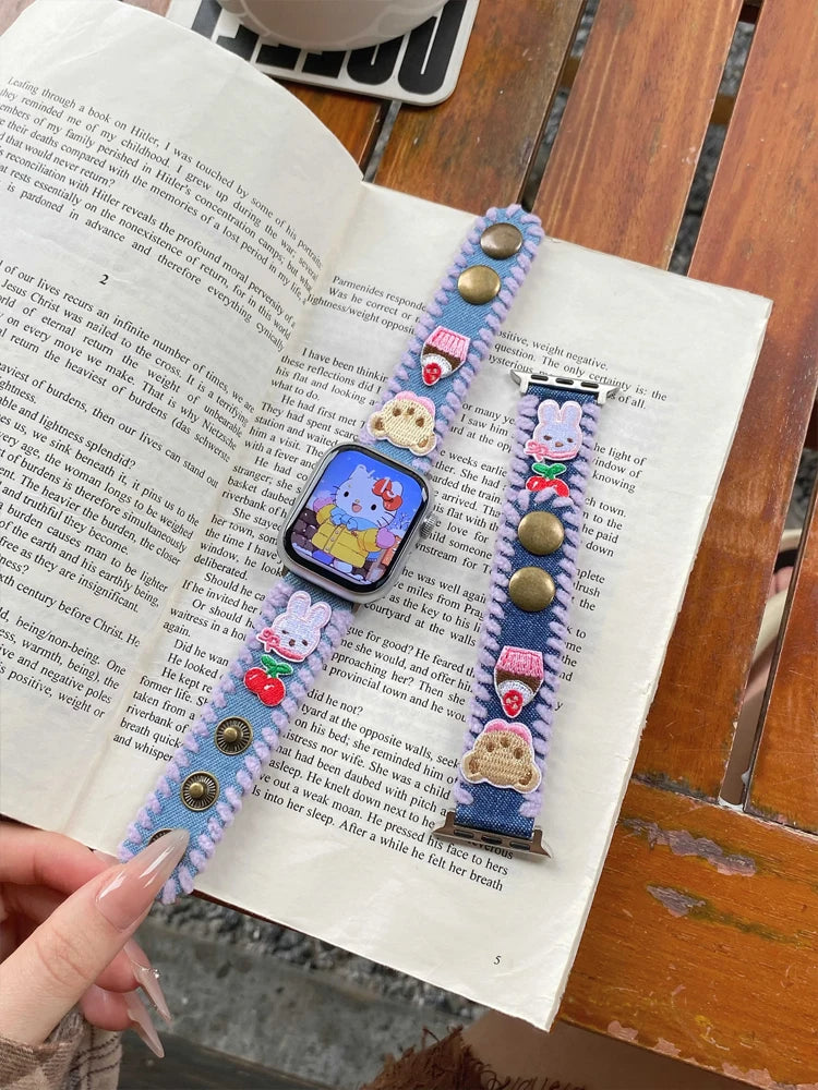 Cute Bear Leather Band For iWatch Ultra 10 9 8 7 6 5 SE 4 Denim Girl Bracelet Strap For Apple Watch 38mm 41mm 42 45mm 46mm 49mm