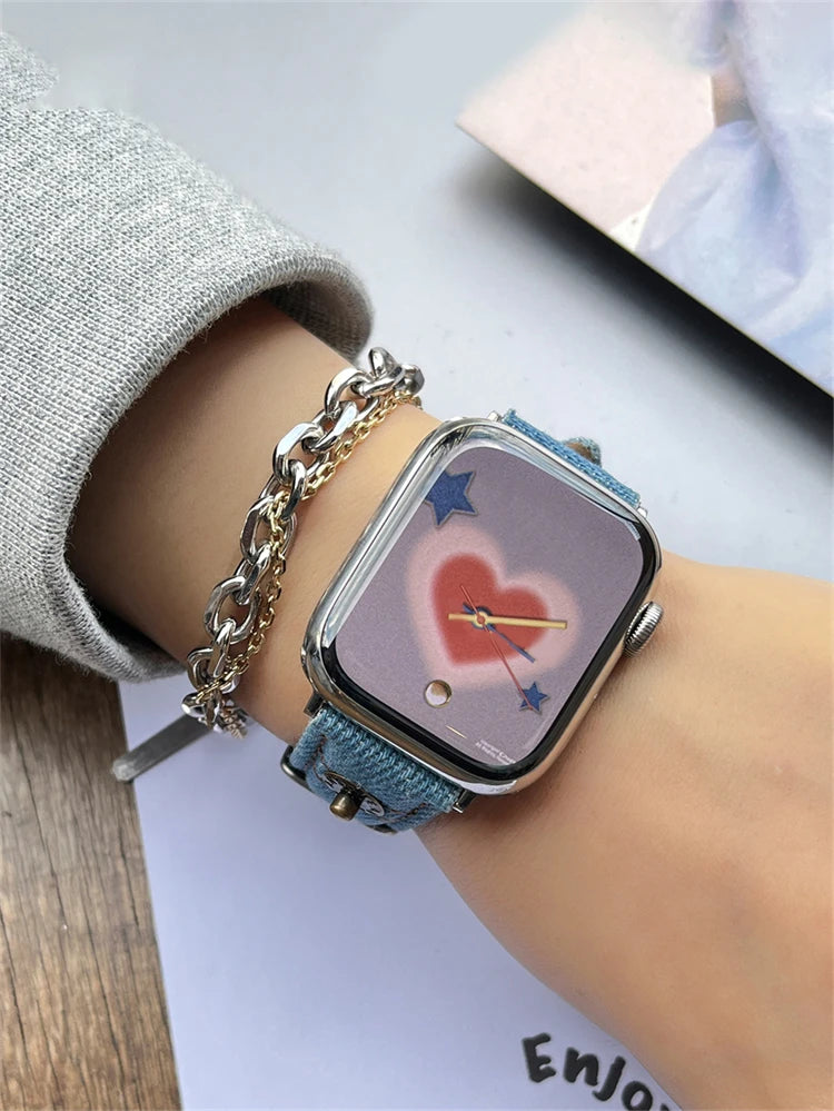 Luxury Leather Band For iWatch Ultra 10 9 8 7 6 5 4 SE Y2k Denim Bracelet Strap For Apple Watch 38mm 41mm 40 42mm 45mm 46mm 49mm