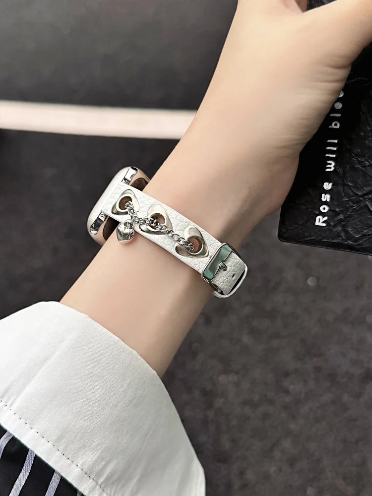 Y2K Leather Band For iWatch Ultra 11 10 9 8 7 6 5 Se Love Metal Bracelet Strap For Apple Watch 40mm 41 42mm 44mm 45mm 46mm 49mm