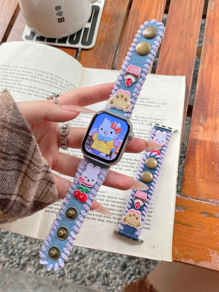 Cute Bear Leather Band For iWatch Ultra 10 9 8 7 6 5 SE 4 Denim Girl Bracelet Strap For Apple Watch 38mm 41mm 42 45mm 46mm 49mm