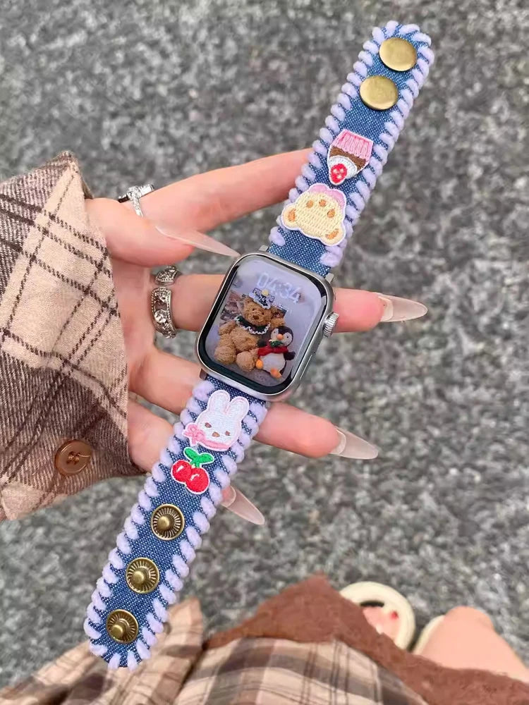 Cute Bear Leather Band For iWatch Ultra 10 9 8 7 6 5 SE 4 Denim Girl Bracelet Strap For Apple Watch 38mm 41mm 42 45mm 46mm 49mm