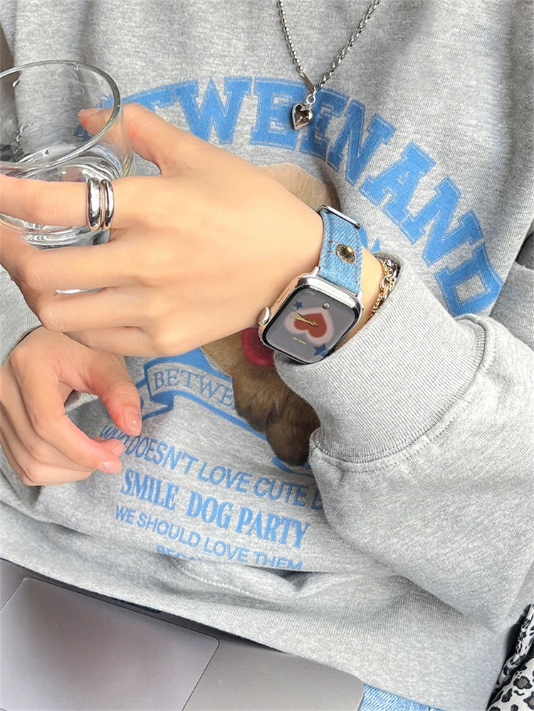 Luxury Leather Band For iWatch Ultra 10 9 8 7 6 5 4 SE Y2k Denim Bracelet Strap For Apple Watch 38mm 41mm 40 42mm 45mm 46mm 49mm