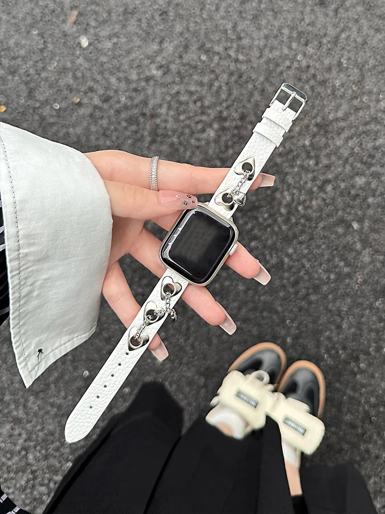 Y2K Leather Band For iWatch Ultra 11 10 9 8 7 6 5 Se Love Metal Bracelet Strap For Apple Watch 40mm 41 42mm 44mm 45mm 46mm 49mm