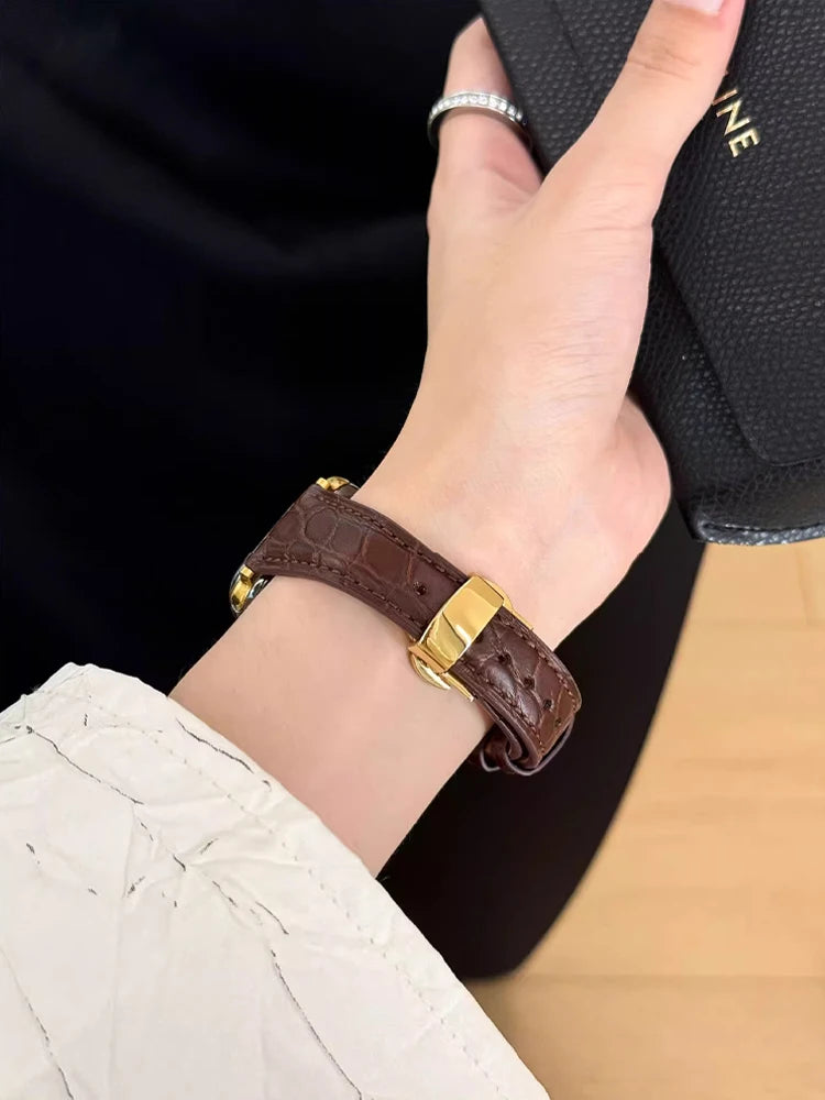 Real Leather Band For Apple Watch 38mm 41mm 40mm 42mm 45mm 46mm 49mm Luxury Slim Woman Strap For iWatch Ultra 10 9 8 7 SE 6 5 4