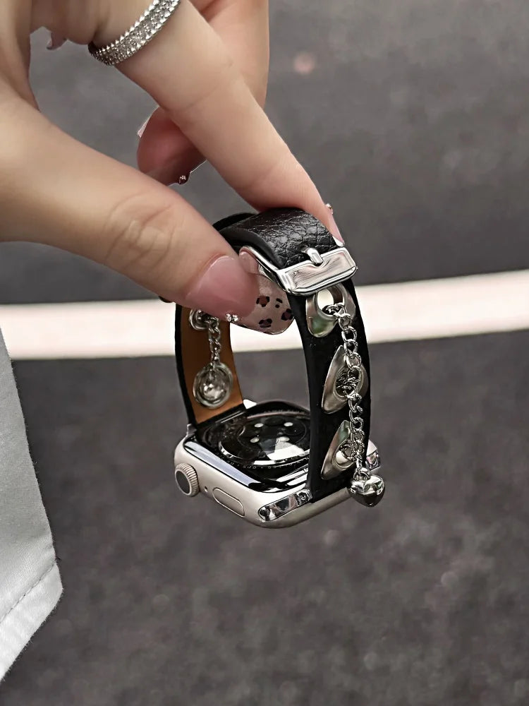 Y2K Leather Band For iWatch Ultra 11 10 9 8 7 6 5 Se Love Metal Bracelet Strap For Apple Watch 40mm 41 42mm 44mm 45mm 46mm 49mm