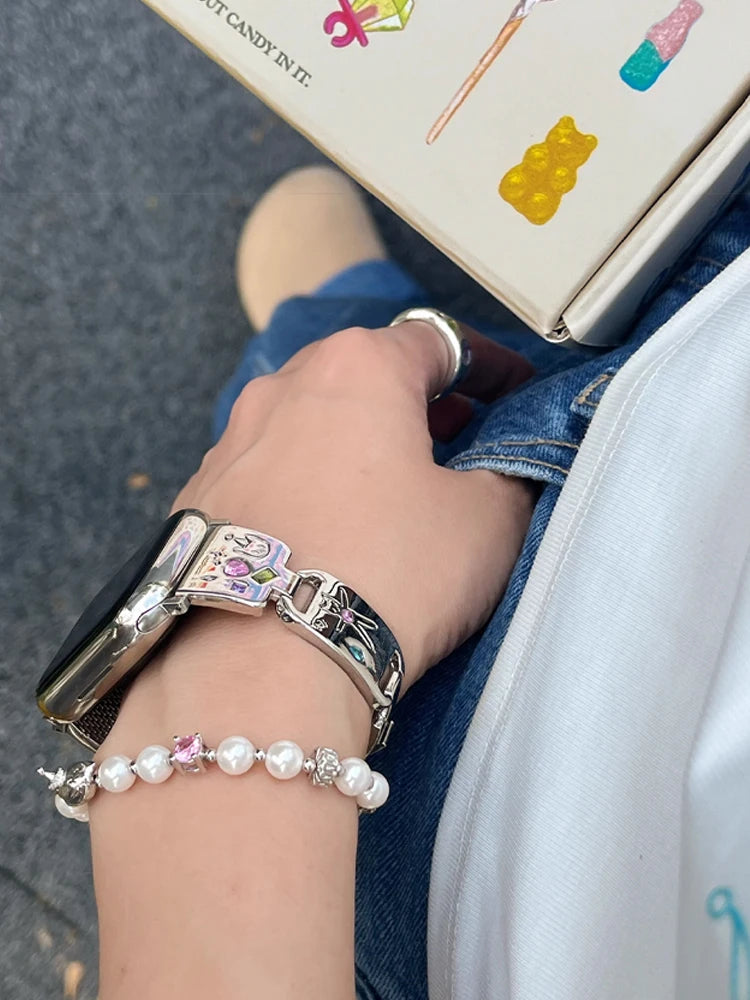 Cute Cat Glossy Metal Band For iWatch Ultra 10 9 8 7 42 45mm 46mm 49mm Diamond Bracelet Strap For Apple Watch 38mm 41mm 6 5 SE 4