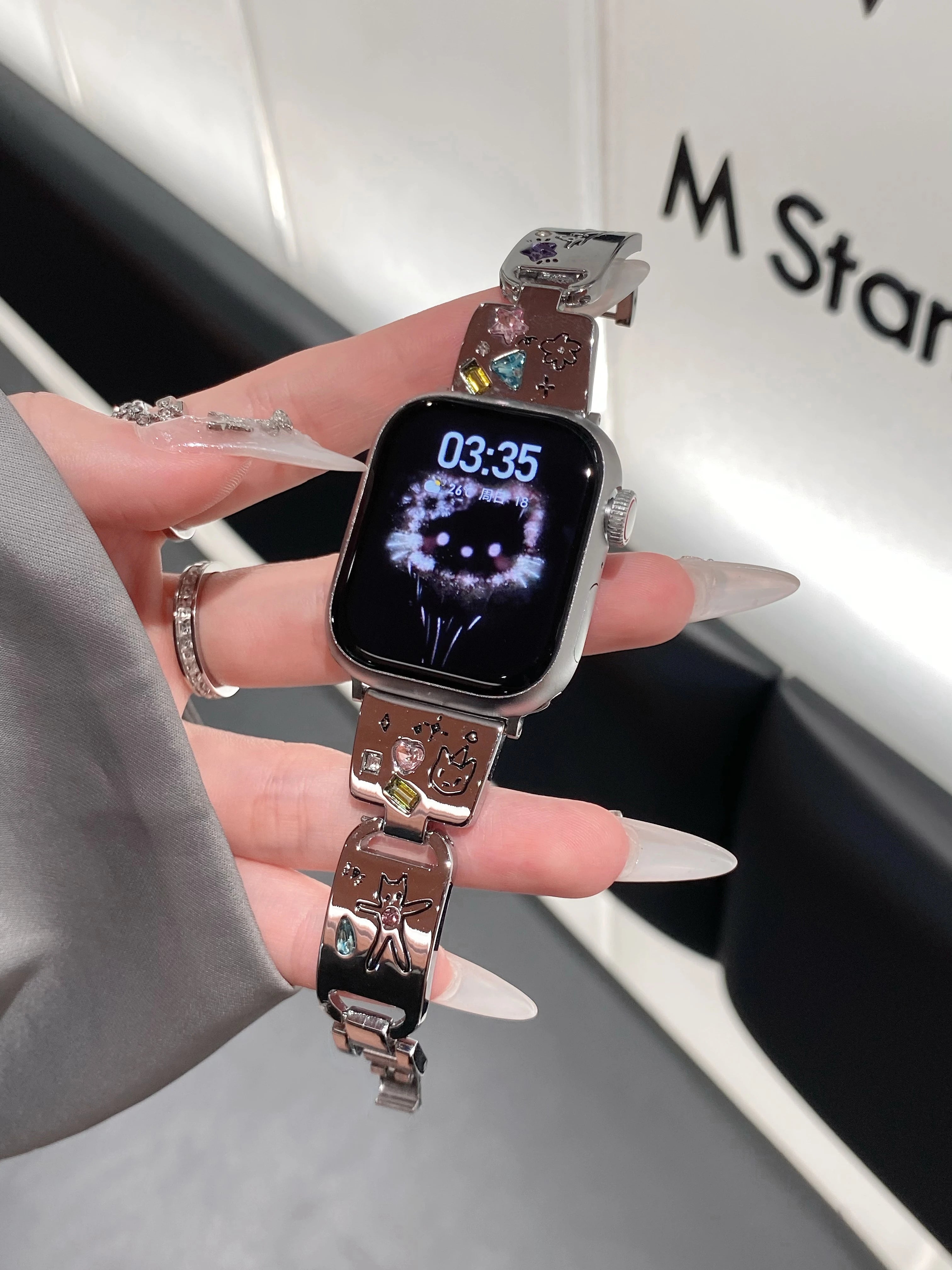 Cute Cat Glossy Metal Band For iWatch Ultra 10 9 8 7 42 45mm 46mm 49mm Diamond Bracelet Strap For Apple Watch 38mm 41mm 6 5 SE 4