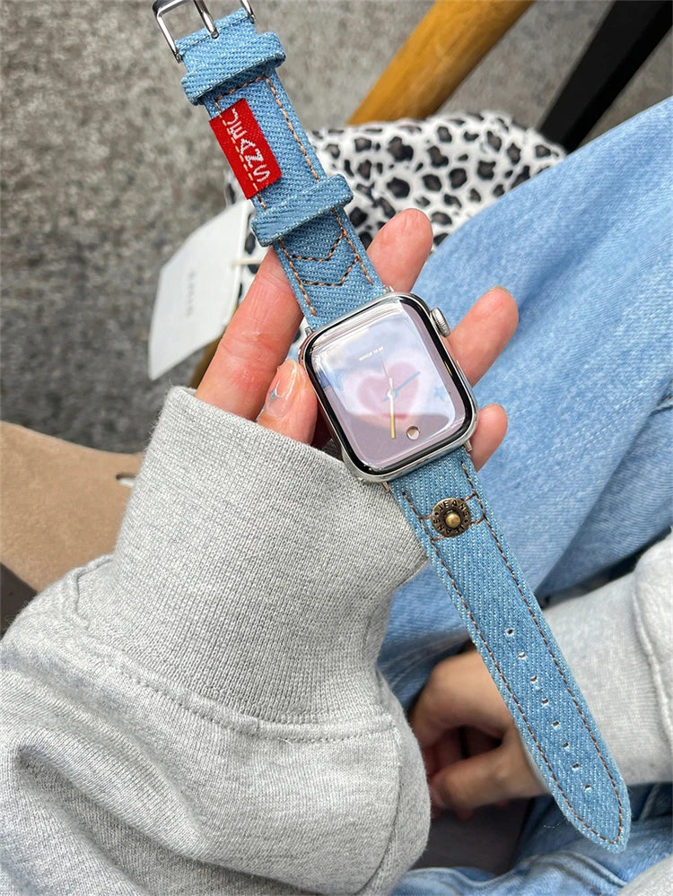 Luxury Leather Band For iWatch Ultra 10 9 8 7 6 5 4 SE Y2k Denim Bracelet Strap For Apple Watch 38mm 41mm 40 42mm 45mm 46mm 49mm