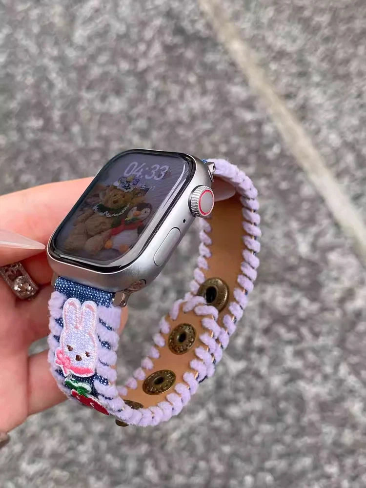 Cute Bear Leather Band For iWatch Ultra 10 9 8 7 6 5 SE 4 Denim Girl Bracelet Strap For Apple Watch 38mm 41mm 42 45mm 46mm 49mm