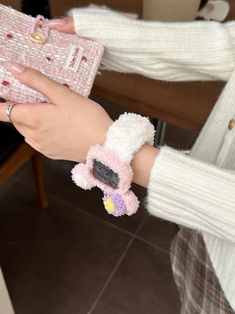Korea Cute Plush Band+Case For Apple Watch 46mm 45mm 44 40mm 42mm 41mm Elastic Loop Bracelet Strap For iWatch 10 9 8 7 SE 6 5 4