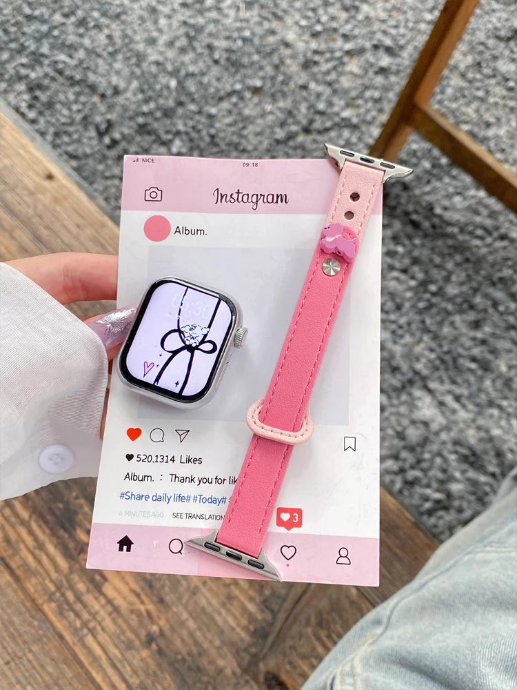 Cute Dog Leather Band For iWatch Ultra 10 9 8 7 6 5 4 Slim Woman Bracelet Strap For Apple Watch 38mm 40mm 41mm 42mm 45 46mm 49mm