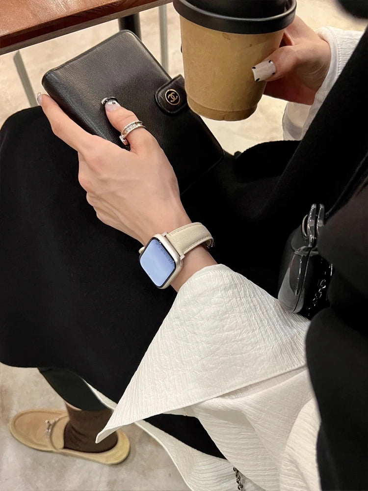 Luxury Real Leather Band For Apple Watch Ultra 10 9 8 7 6 5 4 Women Bracelet Strap For iWatch 38mm 40mm 41mm 42mm 45mm 46mm 49mm