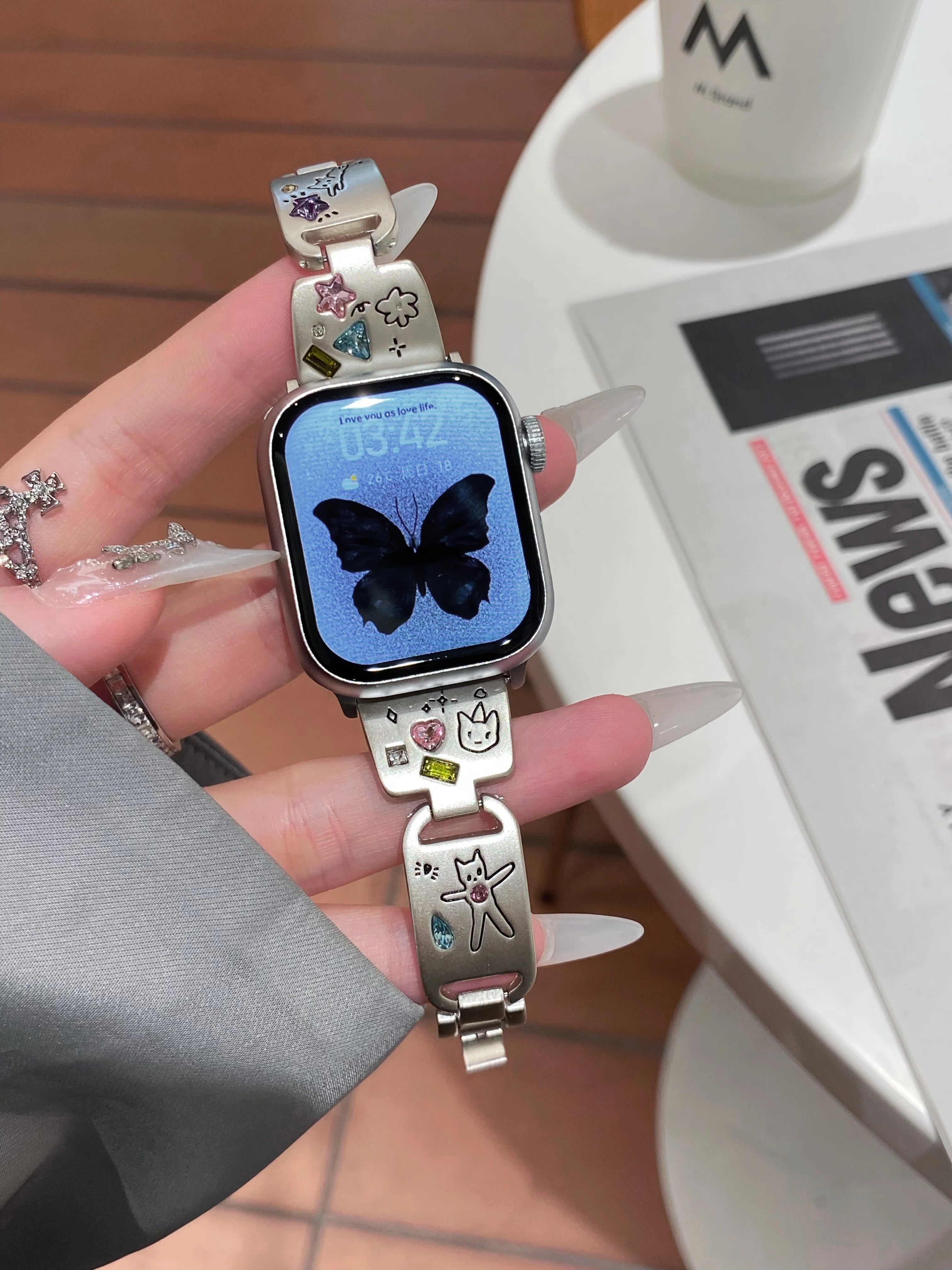 Cute Cat Glossy Metal Band For iWatch Ultra 10 9 8 7 42 45mm 46mm 49mm Diamond Bracelet Strap For Apple Watch 38mm 41mm 6 5 SE 4