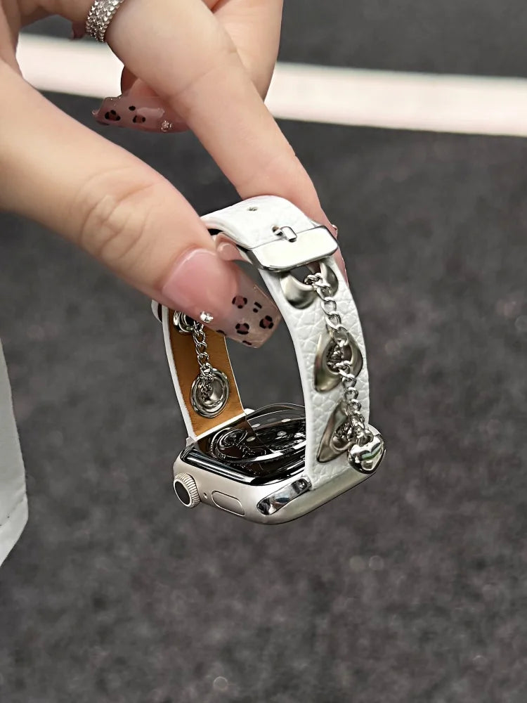 Y2K Leather Band For iWatch Ultra 11 10 9 8 7 6 5 Se Love Metal Bracelet Strap For Apple Watch 40mm 41 42mm 44mm 45mm 46mm 49mm