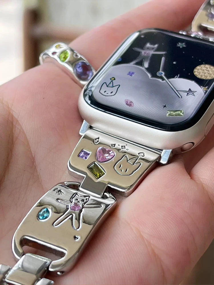 Cute Cat Glossy Metal Band For iWatch Ultra 10 9 8 7 42 45mm 46mm 49mm Diamond Bracelet Strap For Apple Watch 38mm 41mm 6 5 SE 4
