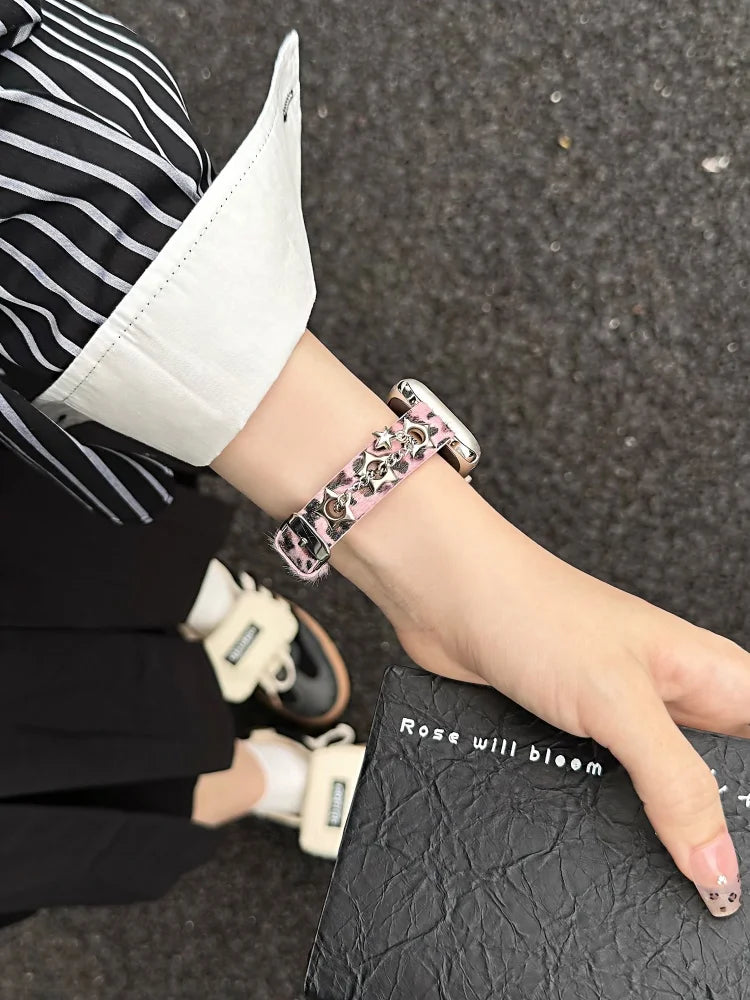 Y2K Leather Band For iWatch Ultra 11 10 9 8 7 6 5 Se Love Metal Bracelet Strap For Apple Watch 40mm 41 42mm 44mm 45mm 46mm 49mm