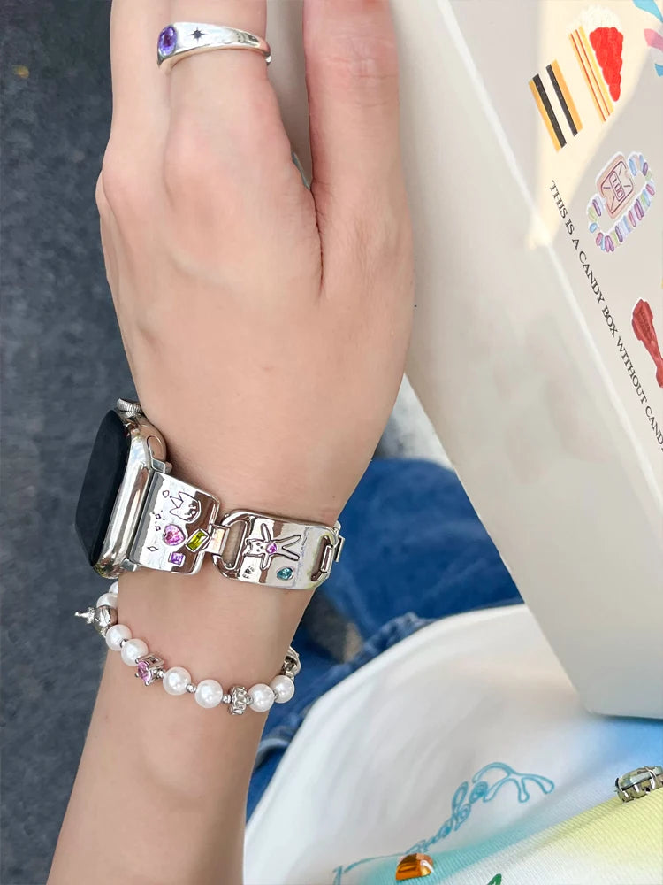 Cute Cat Glossy Metal Band For iWatch Ultra 10 9 8 7 42 45mm 46mm 49mm Diamond Bracelet Strap For Apple Watch 38mm 41mm 6 5 SE 4