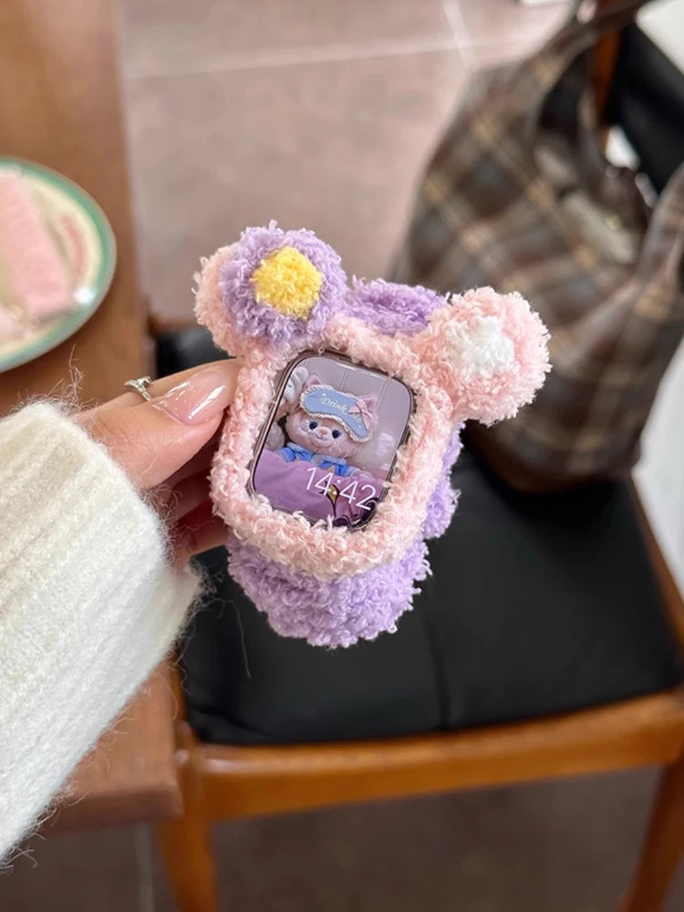 Korea Cute Plush Band+Case For Apple Watch 46mm 45mm 44 40mm 42mm 41mm Elastic Loop Bracelet Strap For iWatch 10 9 8 7 SE 6 5 4