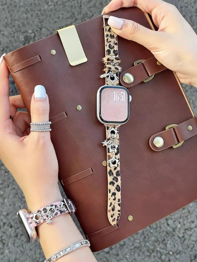 Y2K Leather Band For iWatch Ultra 11 10 9 8 7 6 5 Se Love Metal Bracelet Strap For Apple Watch 40mm 41 42mm 44mm 45mm 46mm 49mm