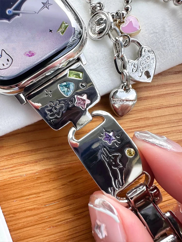 Cute Cat Glossy Metal Band For iWatch Ultra 10 9 8 7 42 45mm 46mm 49mm Diamond Bracelet Strap For Apple Watch 38mm 41mm 6 5 SE 4