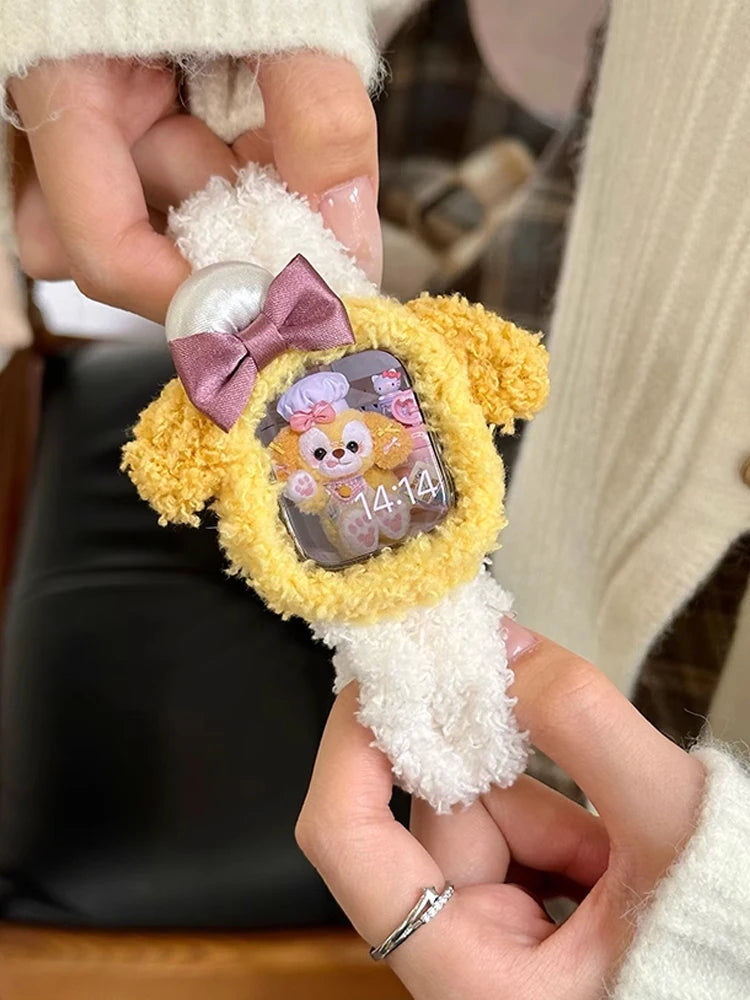 Korea Cute Plush Band+Case For Apple Watch 46mm 45mm 44 40mm 42mm 41mm Elastic Loop Bracelet Strap For iWatch 10 9 8 7 SE 6 5 4
