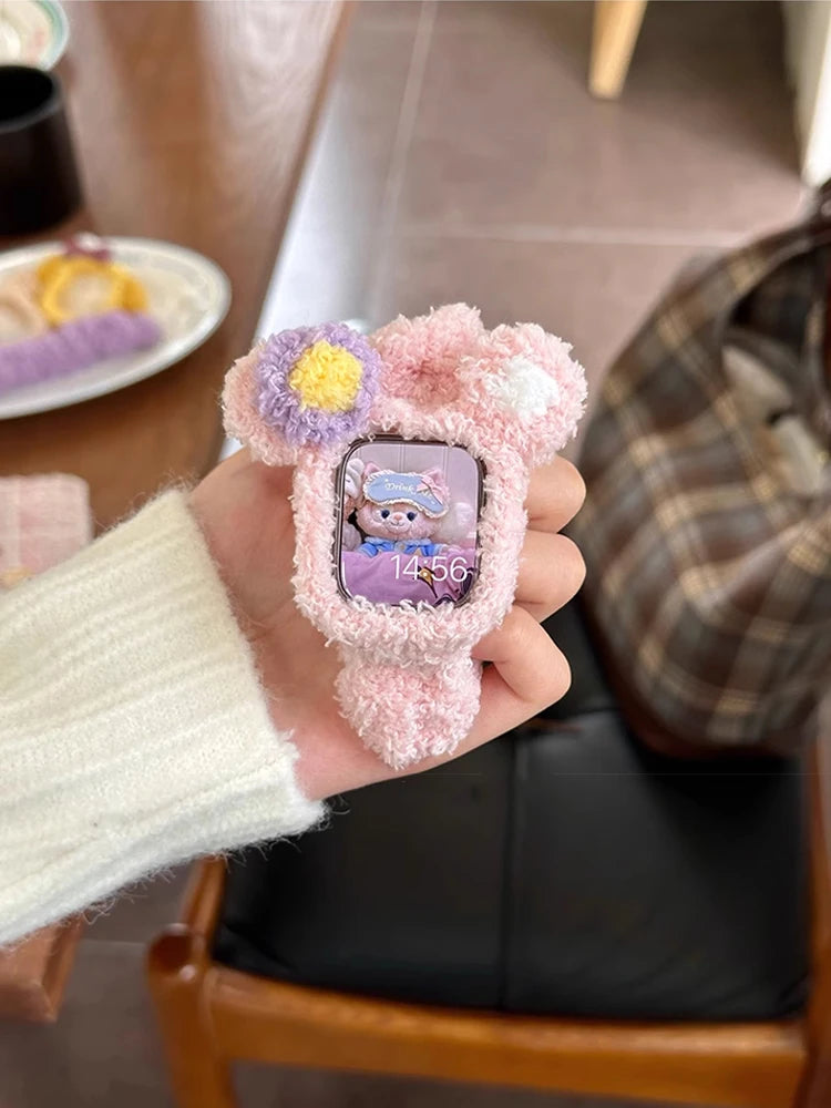 Korea Cute Plush Band+Case For Apple Watch 46mm 45mm 44 40mm 42mm 41mm Elastic Loop Bracelet Strap For iWatch 10 9 8 7 SE 6 5 4