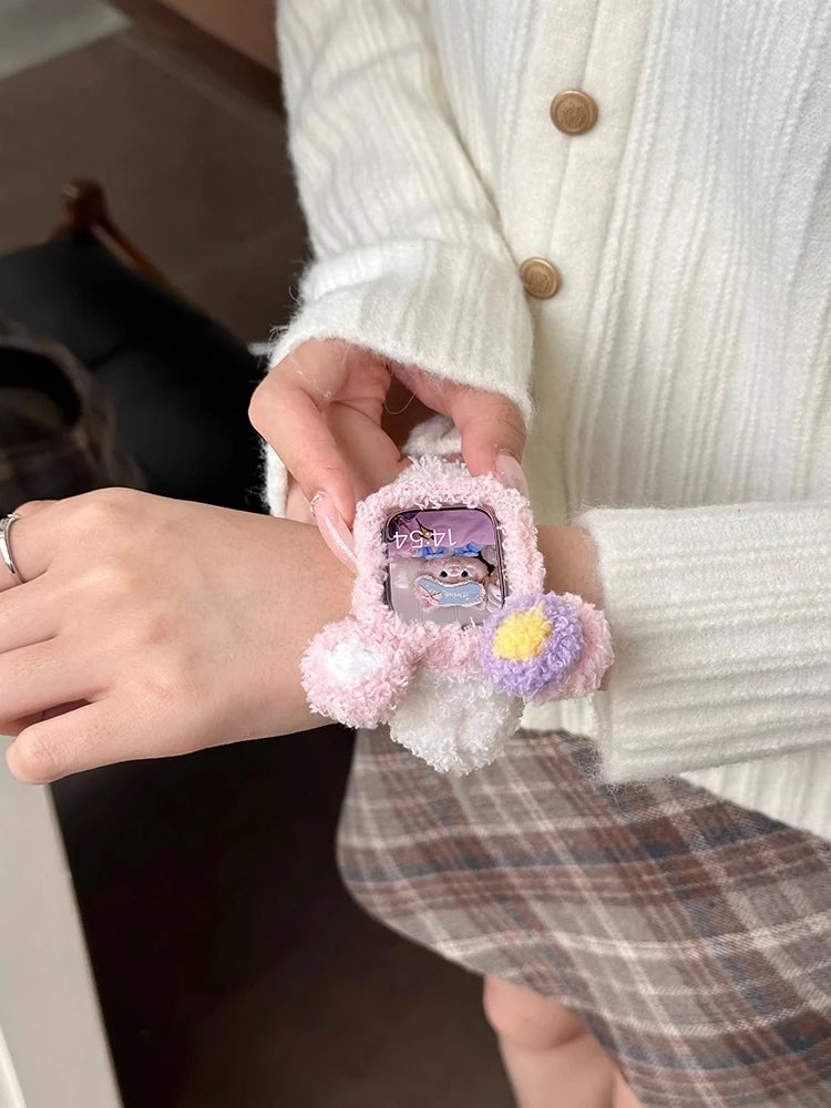 Korea Cute Plush Band+Case For Apple Watch 46mm 45mm 44 40mm 42mm 41mm Elastic Loop Bracelet Strap For iWatch 10 9 8 7 SE 6 5 4