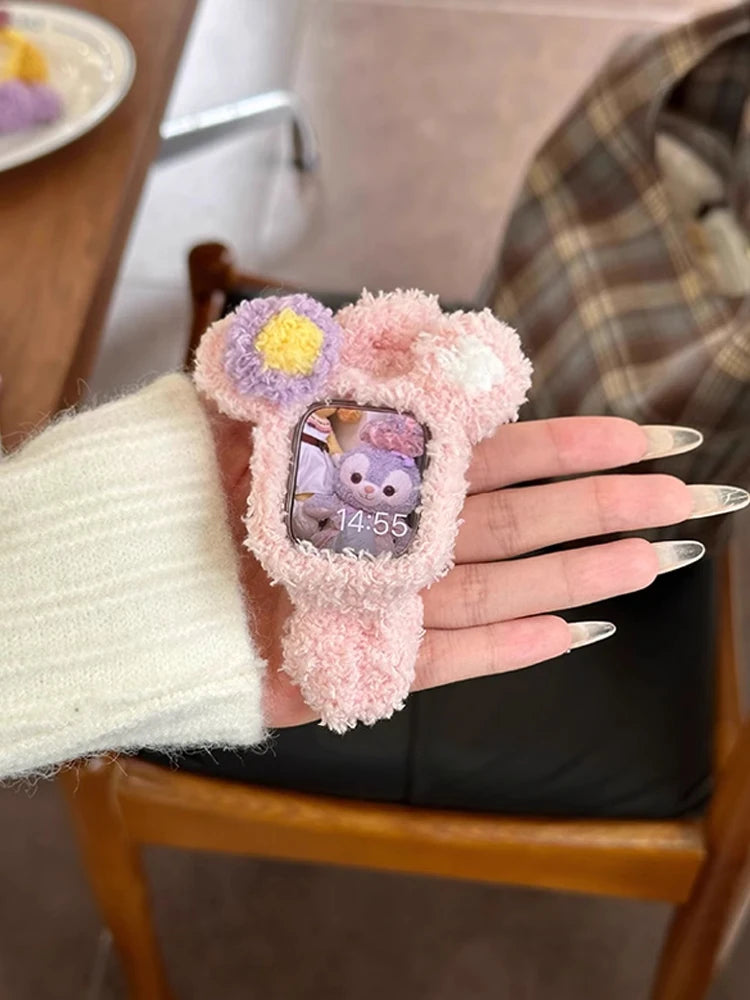 Korea Cute Plush Band+Case For Apple Watch 46mm 45mm 44 40mm 42mm 41mm Elastic Loop Bracelet Strap For iWatch 10 9 8 7 SE 6 5 4