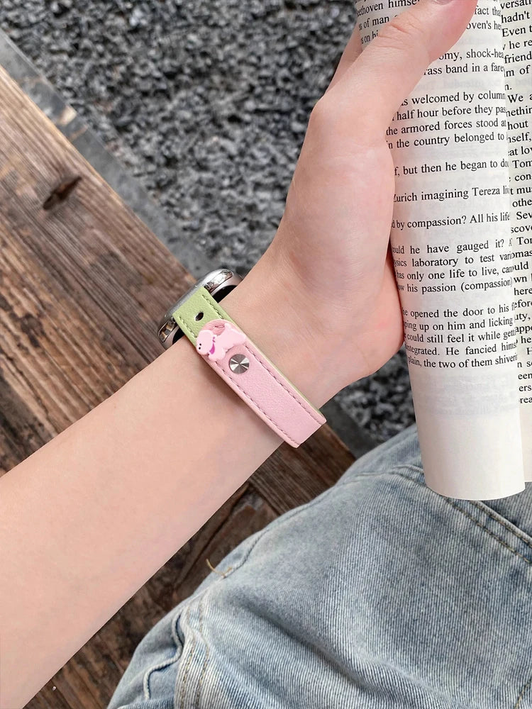 Cute Dog Leather Band For iWatch Ultra 10 9 8 7 6 5 4 Slim Woman Bracelet Strap For Apple Watch 38mm 40mm 41mm 42mm 45 46mm 49mm