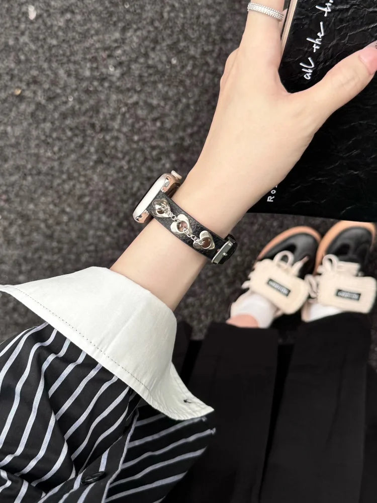 Y2K Leather Band For iWatch Ultra 11 10 9 8 7 6 5 Se Love Metal Bracelet Strap For Apple Watch 40mm 41 42mm 44mm 45mm 46mm 49mm