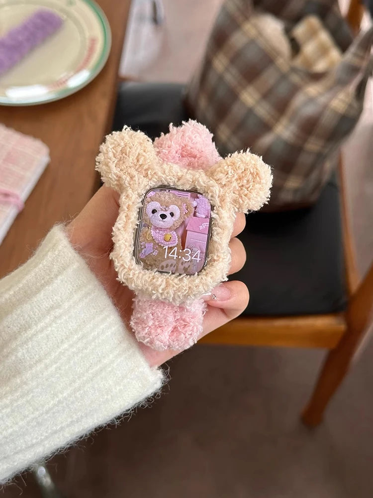 Korea Cute Plush Band+Case For Apple Watch 46mm 45mm 44 40mm 42mm 41mm Elastic Loop Bracelet Strap For iWatch 10 9 8 7 SE 6 5 4
