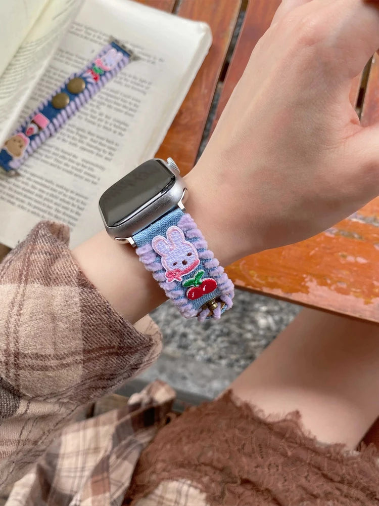 Cute Bear Leather Band For iWatch Ultra 10 9 8 7 6 5 SE 4 Denim Girl Bracelet Strap For Apple Watch 38mm 41mm 42 45mm 46mm 49mm