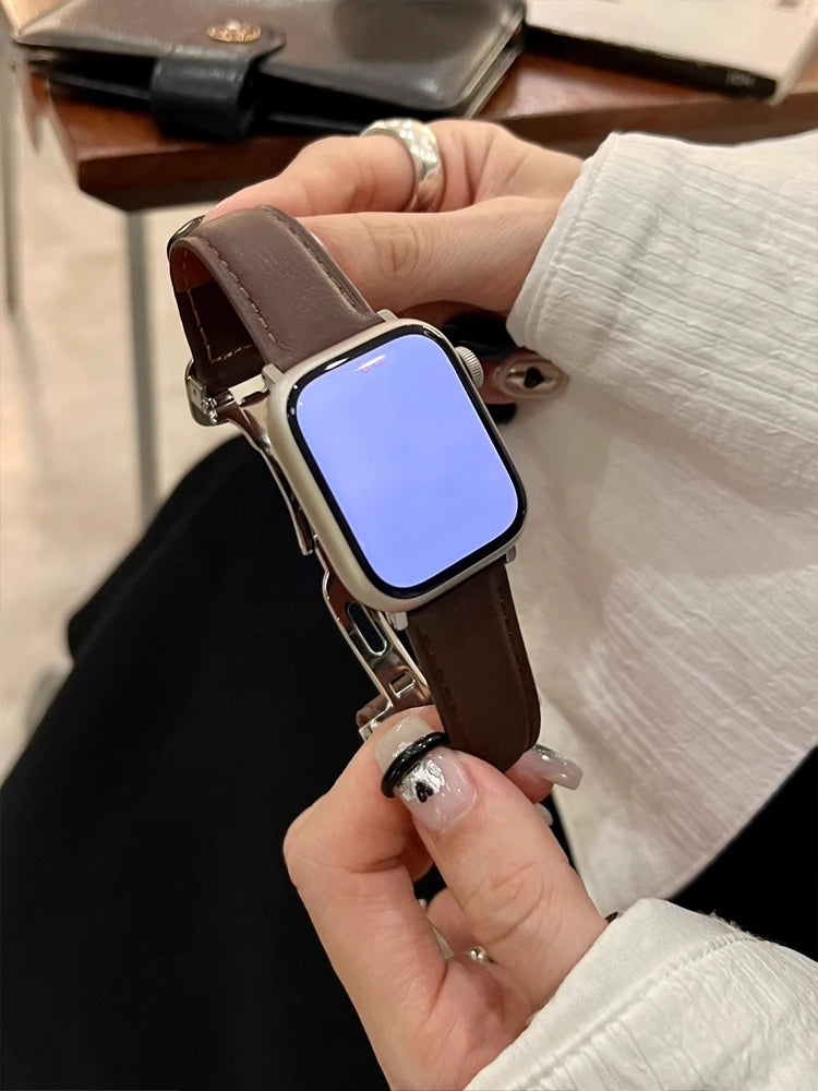 Luxury Real Leather Band For Apple Watch Ultra 10 9 8 7 6 5 4 Women Bracelet Strap For iWatch 38mm 40mm 41mm 42mm 45mm 46mm 49mm