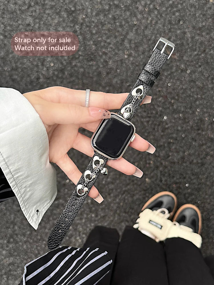 Y2K Leather Band For iWatch Ultra 11 10 9 8 7 6 5 Se Love Metal Bracelet Strap For Apple Watch 40mm 41 42mm 44mm 45mm 46mm 49mm
