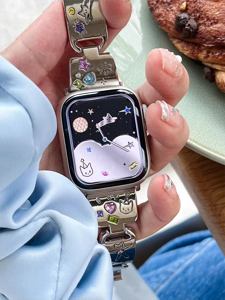 Cute Cat Glossy Metal Band For iWatch Ultra 10 9 8 7 42 45mm 46mm 49mm Diamond Bracelet Strap For Apple Watch 38mm 41mm 6 5 SE 4