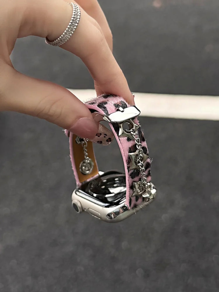 Y2K Leather Band For iWatch Ultra 11 10 9 8 7 6 5 Se Love Metal Bracelet Strap For Apple Watch 40mm 41 42mm 44mm 45mm 46mm 49mm