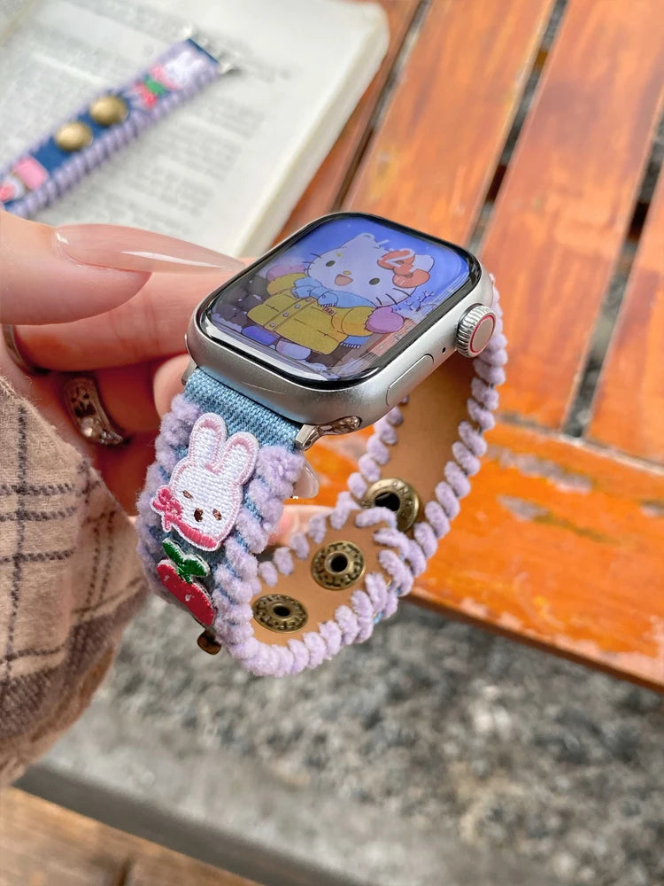 Cute Bear Leather Band For iWatch Ultra 10 9 8 7 6 5 SE 4 Denim Girl Bracelet Strap For Apple Watch 38mm 41mm 42 45mm 46mm 49mm